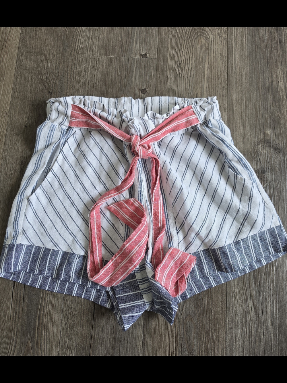 High-Waist Striped Paperbag Shorts with Coral Tie